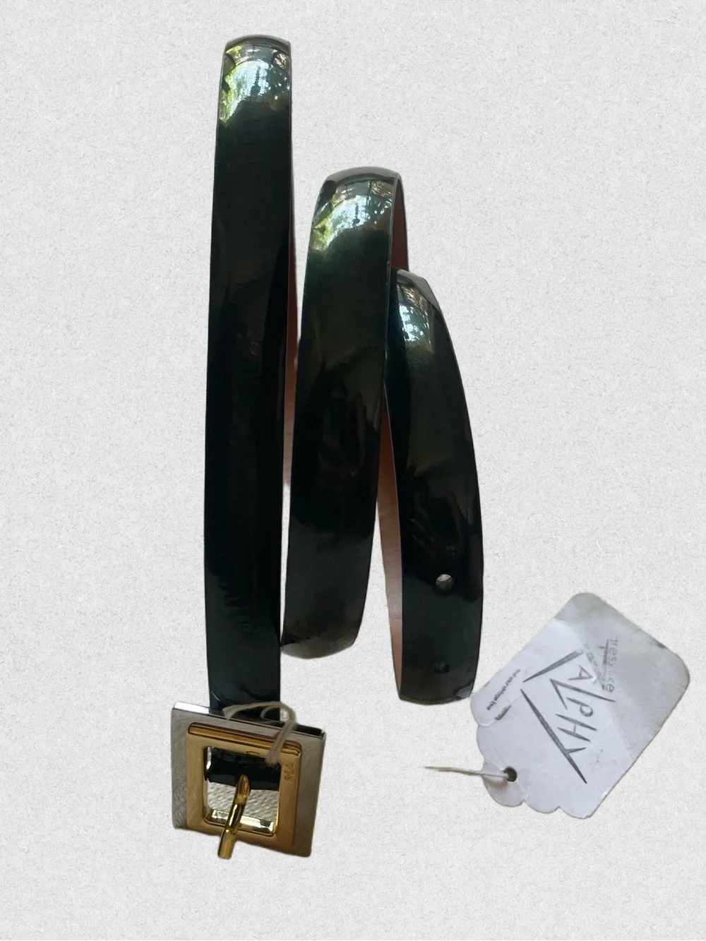 Ralph Lauren Dark Green Leather Belt with Gold-  & Silver Square Buck